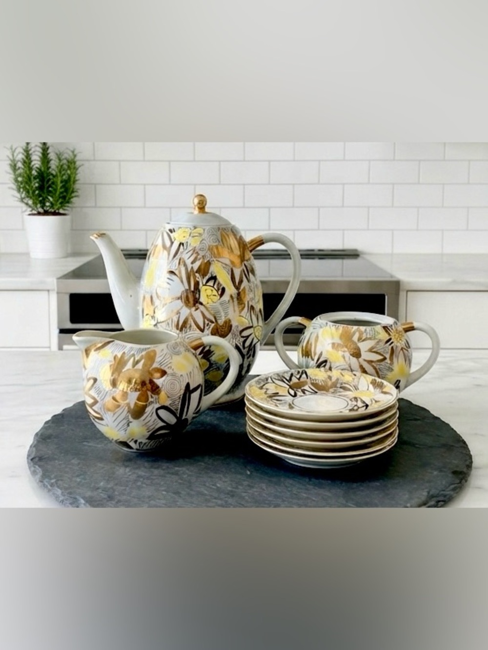 Vintage Lomonosov USSR Golden Daisy Porcelain Coffee Set - 9 Piece Partial Set